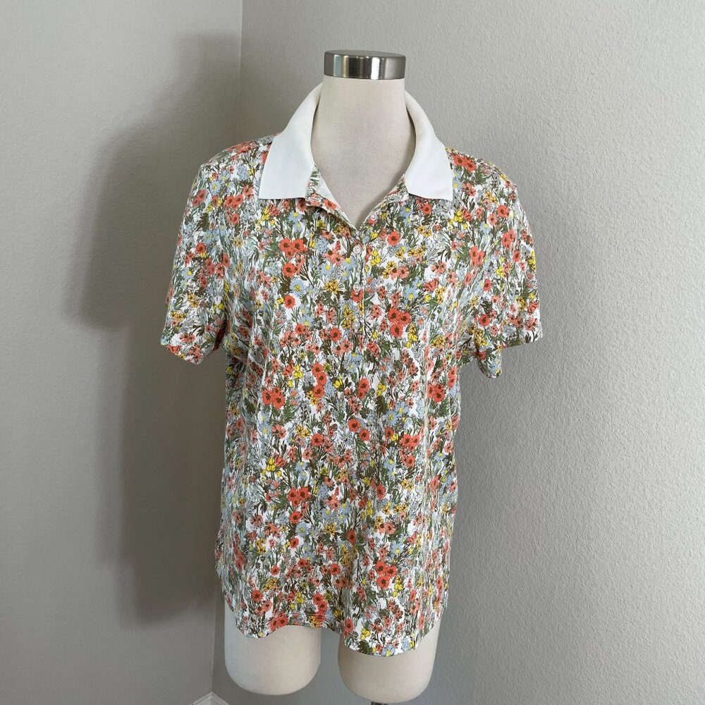 Lands End Womens Plus 1X Floral‎ Cotton Short Sleeve Polo Shirt Stretch Top